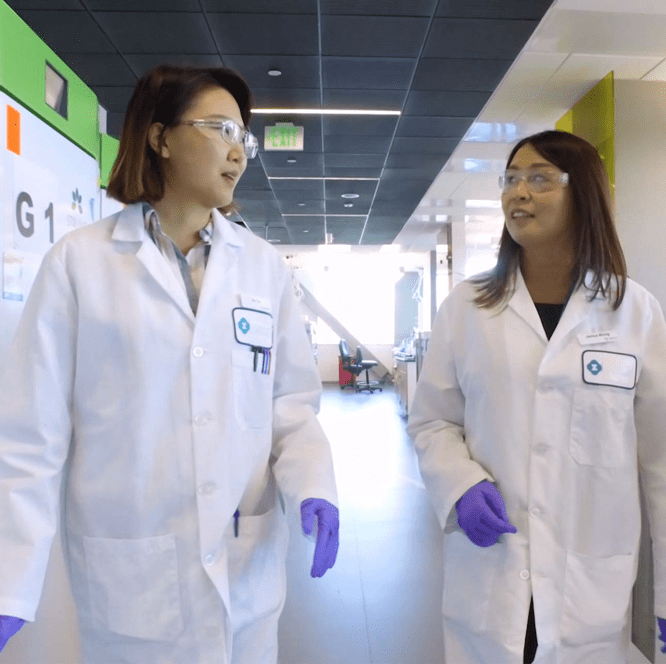 two women scientists are walking
