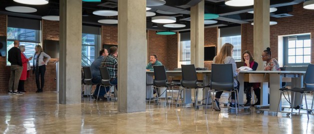 People meeting and talking in a building