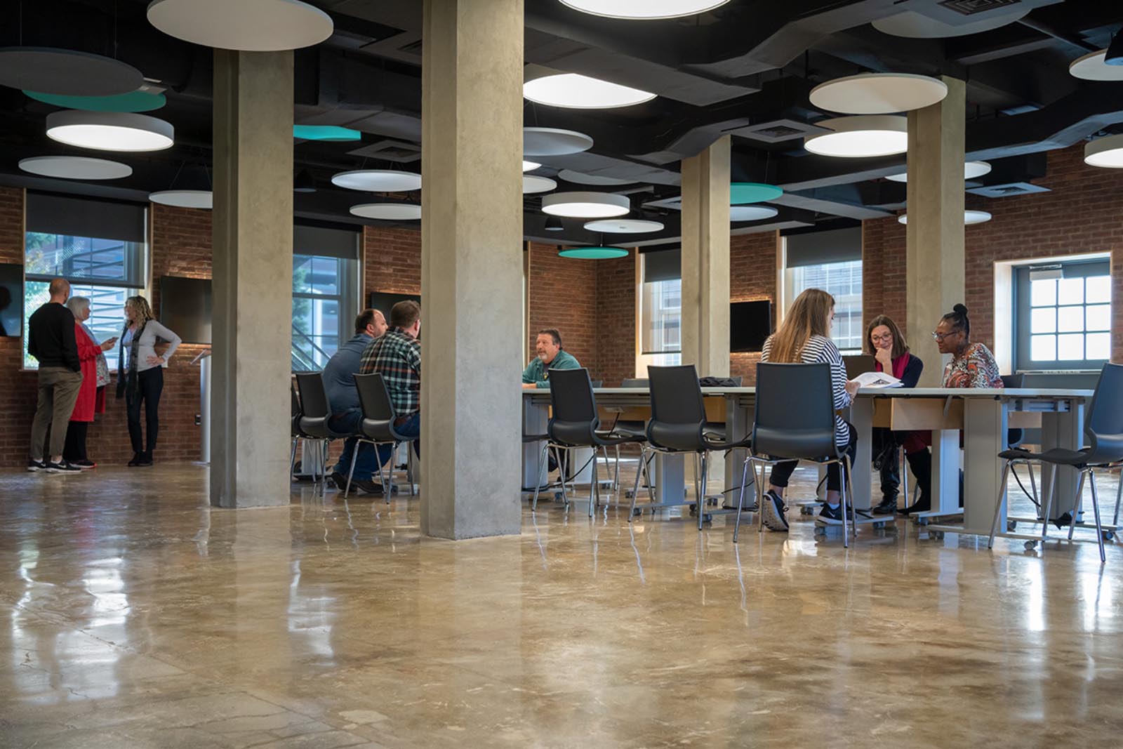 People meeting and talking in a building
