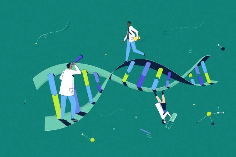a cartoon which three scientists are walking on a DNA chain