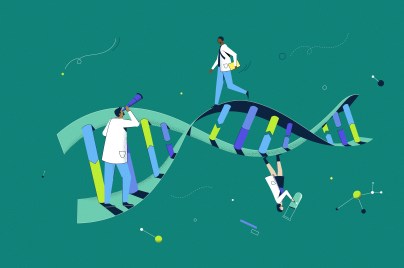 a cartoon which three scientists are walking on a DNA chain
