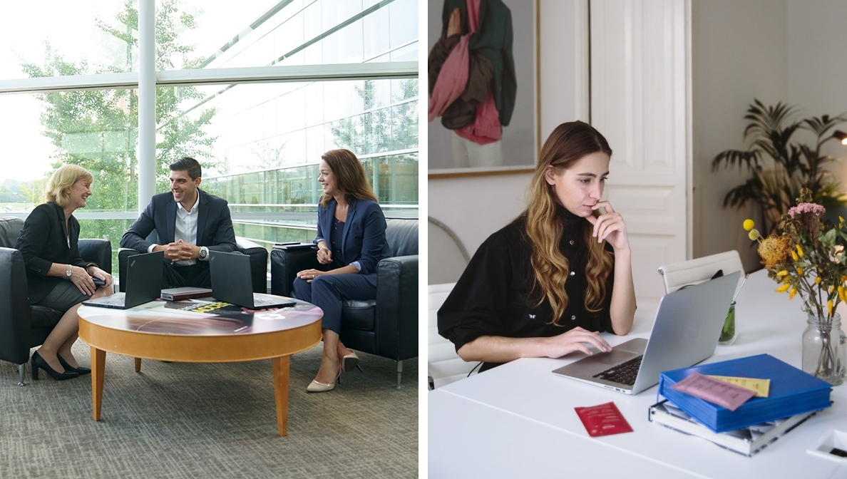 a Group Meeting at office and a woman work at home