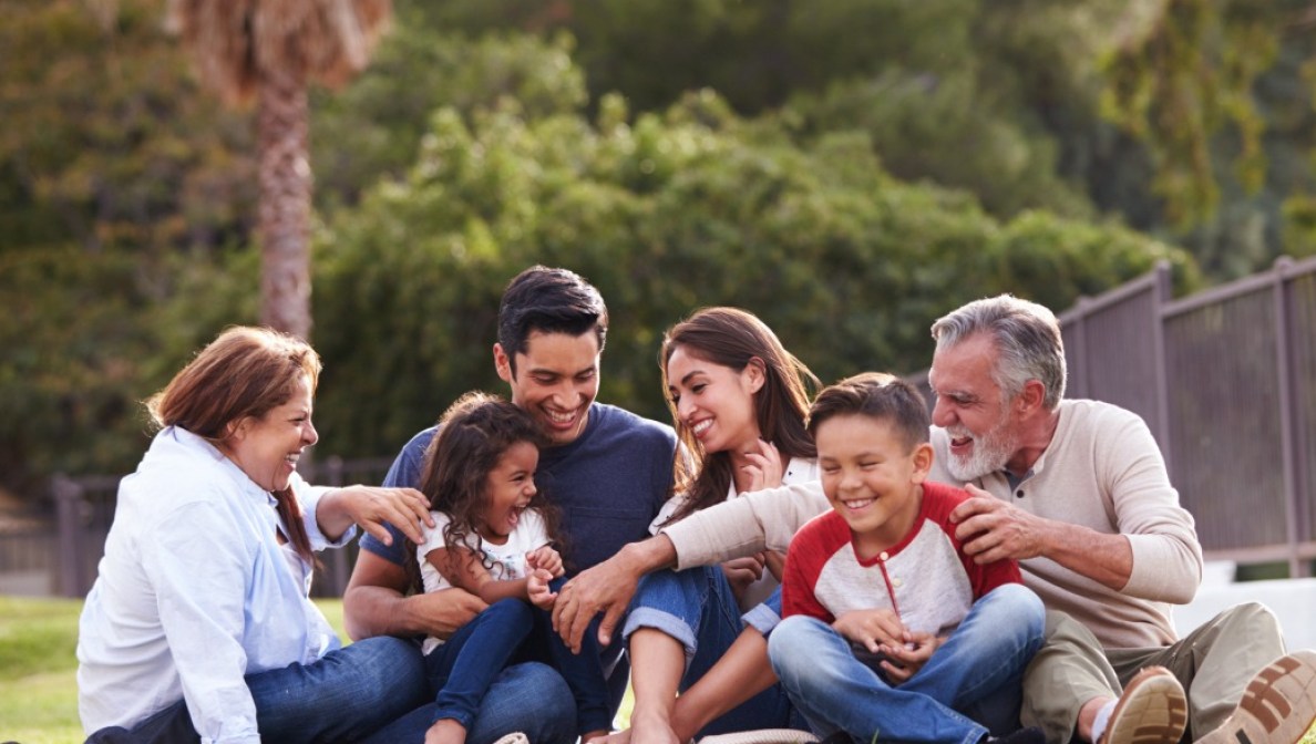 a family siting on grass in a park