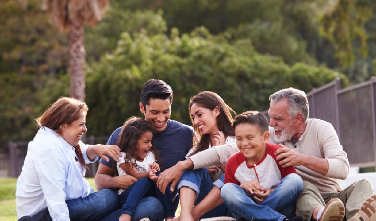 a family siting on grass in a park